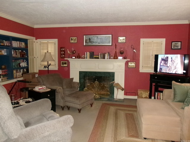 carpeted living room featuring ornamental molding and a textured ceiling