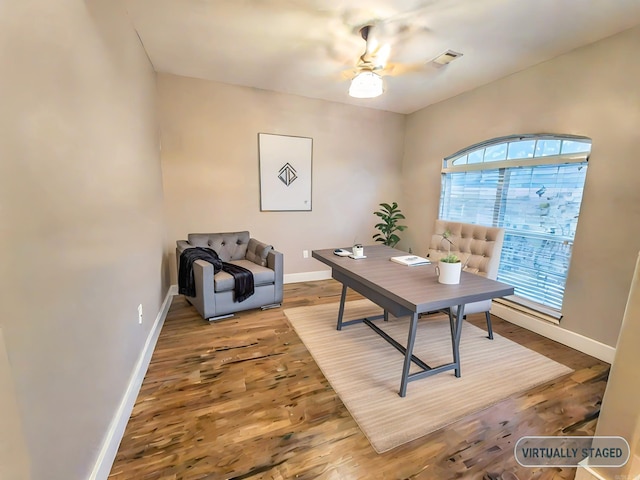 office area featuring ceiling fan and hardwood / wood-style flooring