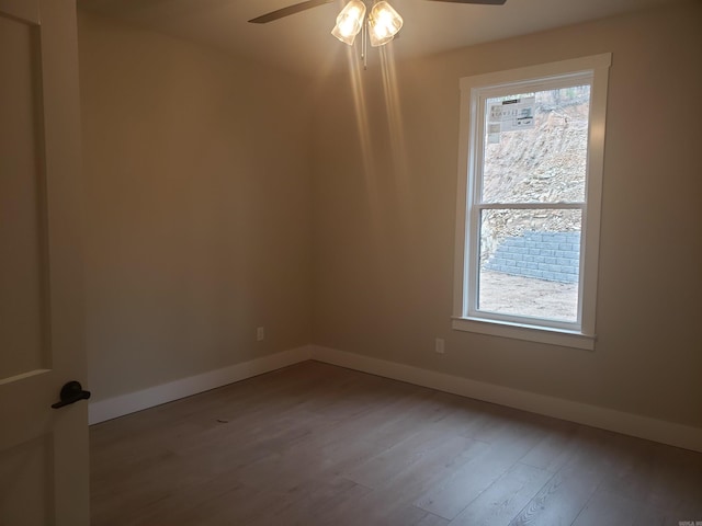 spare room with a wealth of natural light, ceiling fan, and hardwood / wood-style flooring