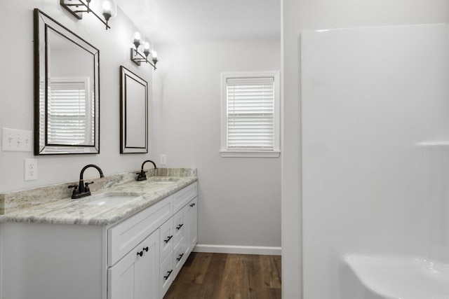 bathroom with vanity and hardwood / wood-style flooring