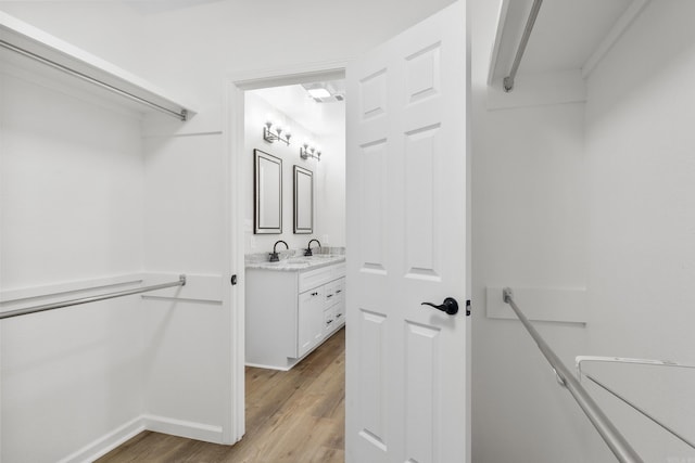 walk in closet with light hardwood / wood-style floors and sink