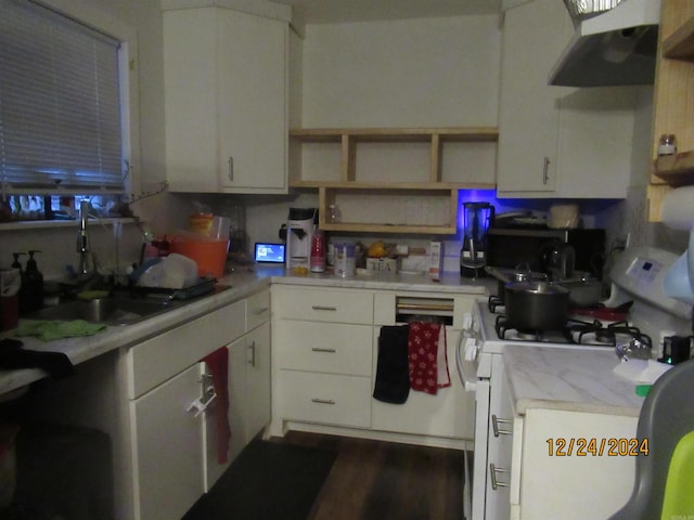 kitchen featuring white cabinetry, sink, range hood, white range oven, and wood-type flooring