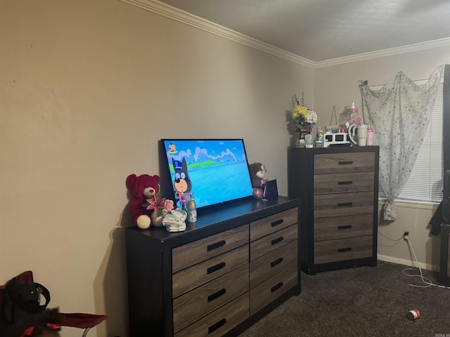 carpeted bedroom featuring crown molding