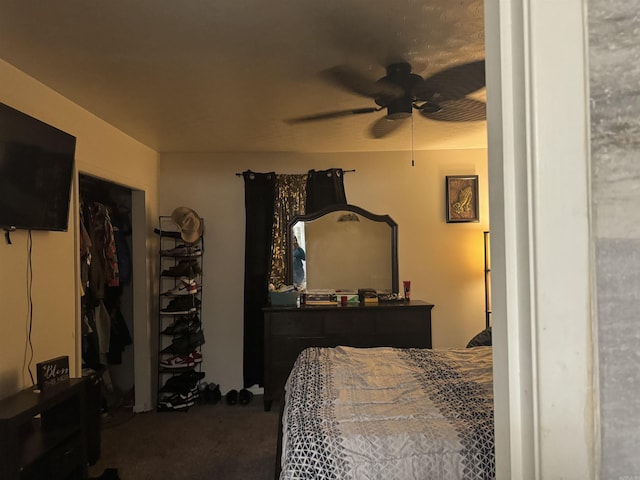 bedroom featuring carpet flooring, a closet, and ceiling fan