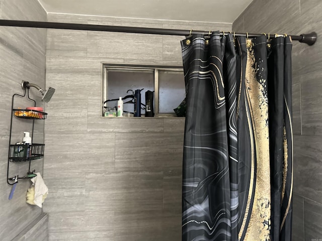 bathroom with a shower with shower curtain