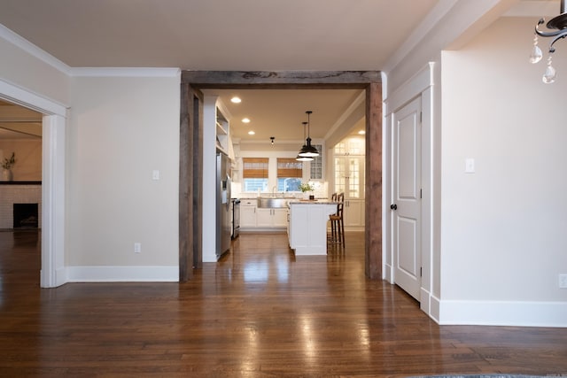 unfurnished living room with sink, a fireplace, dark hardwood / wood-style flooring, and crown molding