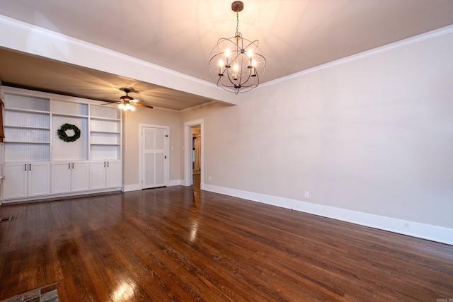 unfurnished living room with ornamental molding, ceiling fan with notable chandelier, built in features, and dark wood-type flooring