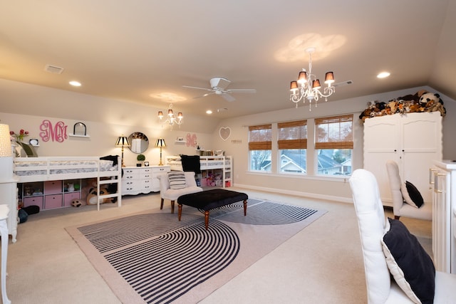 bedroom featuring lofted ceiling, light colored carpet, and a notable chandelier