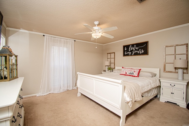 carpeted bedroom featuring a textured ceiling, ceiling fan, and crown molding