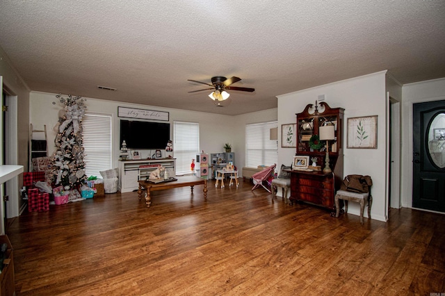 living room featuring ceiling fan, wood-type flooring, and a textured ceiling