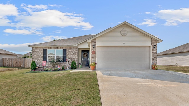 ranch-style house with a garage and a front lawn