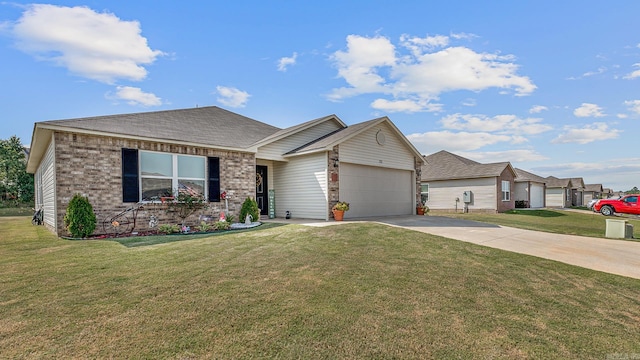 ranch-style house with a garage and a front lawn