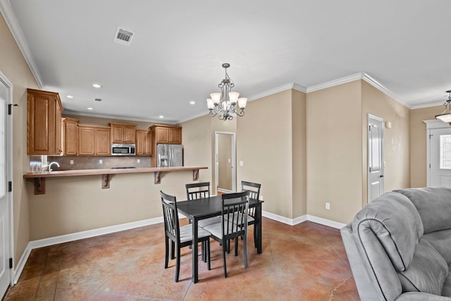 tiled dining room with ornamental molding and a notable chandelier