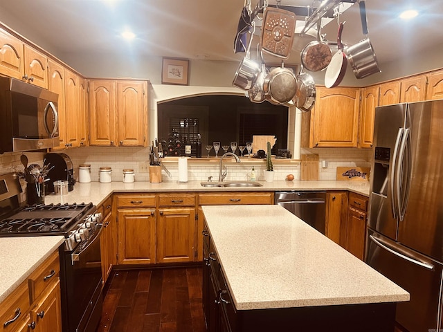 kitchen with backsplash, sink, stainless steel appliances, and dark hardwood / wood-style floors