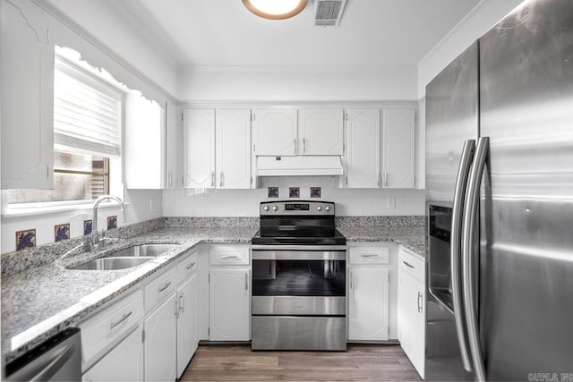 kitchen featuring backsplash, white cabinetry, sink, and appliances with stainless steel finishes