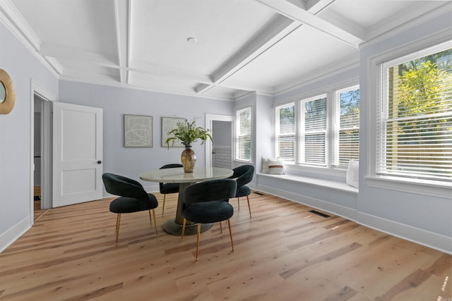 dining room featuring light hardwood / wood-style flooring, beamed ceiling, and coffered ceiling