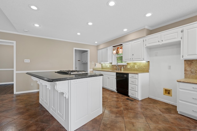 kitchen with dishwasher, decorative backsplash, a kitchen island, a kitchen bar, and white cabinetry