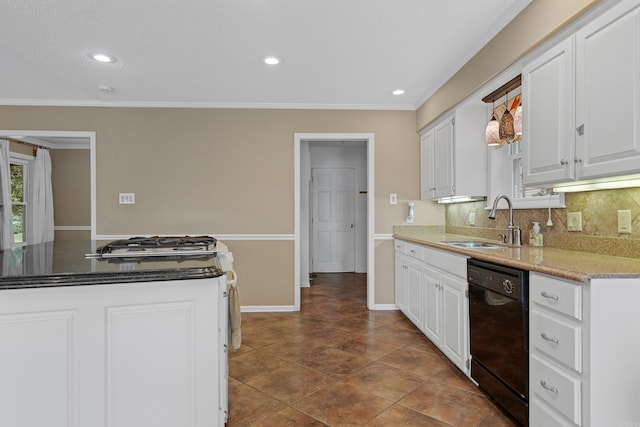 kitchen featuring white cabinetry, dishwasher, crown molding, and sink