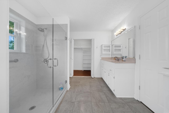 bathroom featuring vanity, a textured ceiling, and walk in shower