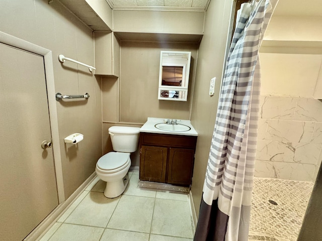 bathroom featuring tile patterned flooring, vanity, a shower with curtain, toilet, and crown molding