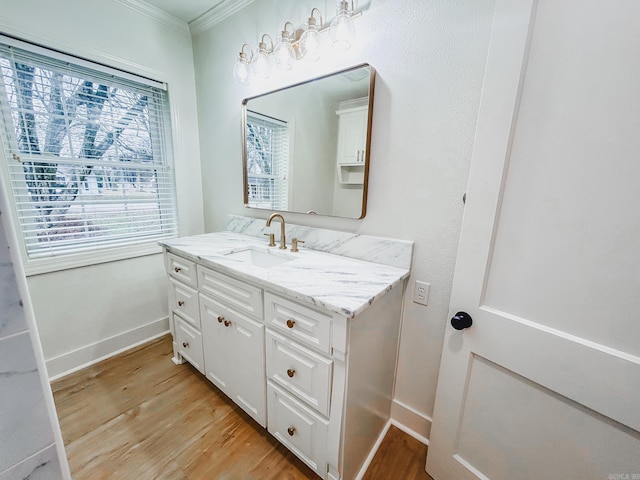 bathroom with crown molding, plenty of natural light, vanity, and wood-type flooring