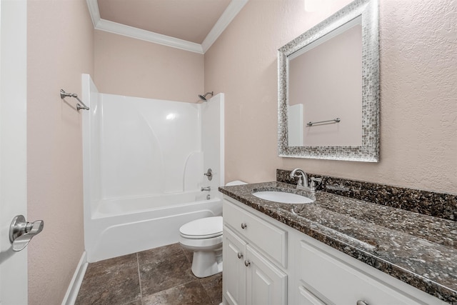 full bathroom with ornamental molding, toilet, vanity, and shower / bathing tub combination