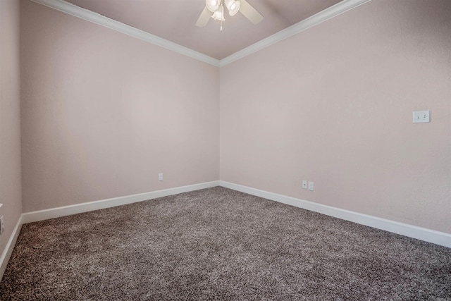 carpeted spare room featuring ceiling fan and ornamental molding