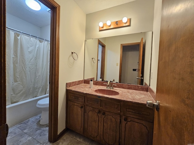 full bathroom with vanity, shower / bath combination with curtain, a textured ceiling, and toilet