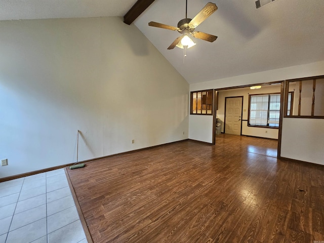 unfurnished living room featuring vaulted ceiling with beams, ceiling fan, and hardwood / wood-style flooring