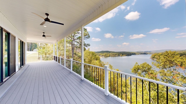 deck with ceiling fan and a water view