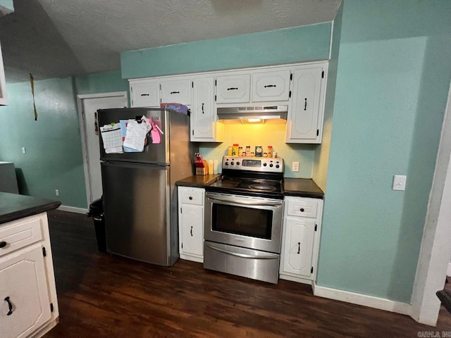 kitchen with a textured ceiling, stainless steel appliances, white cabinetry, and dark hardwood / wood-style floors