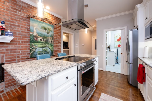 kitchen with a kitchen island, island range hood, white cabinetry, and stainless steel appliances