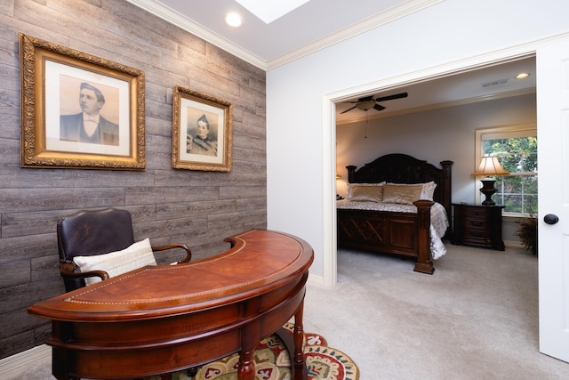 interior space with crown molding, light carpet, and wooden walls