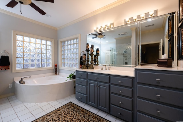 bathroom featuring tile patterned flooring, ceiling fan, ornamental molding, shower with separate bathtub, and vanity