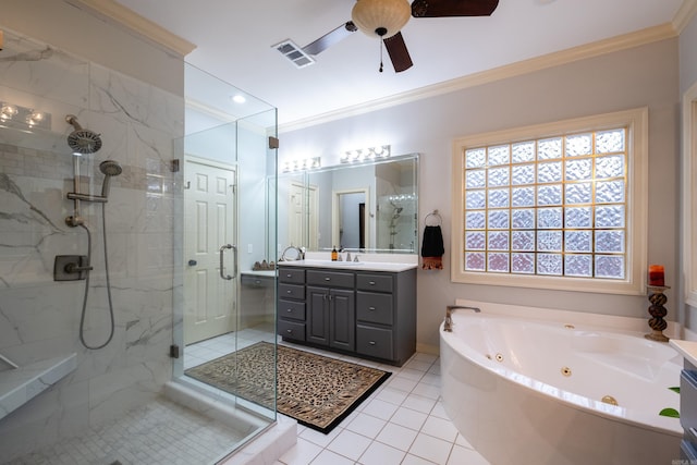 bathroom featuring tile patterned floors, ceiling fan, vanity, shower with separate bathtub, and ornamental molding