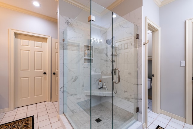 bathroom with walk in shower, tile patterned floors, and crown molding