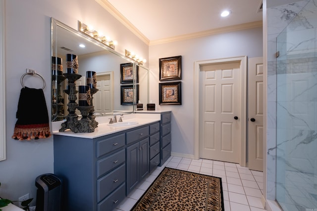 bathroom featuring vanity, crown molding, an enclosed shower, and tile patterned flooring