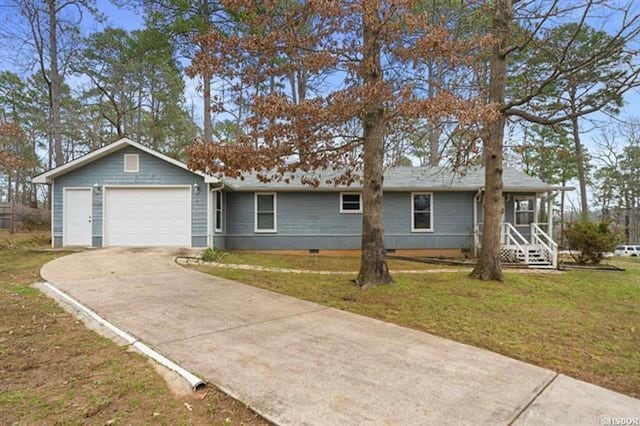 ranch-style home with a porch, a garage, and a front yard