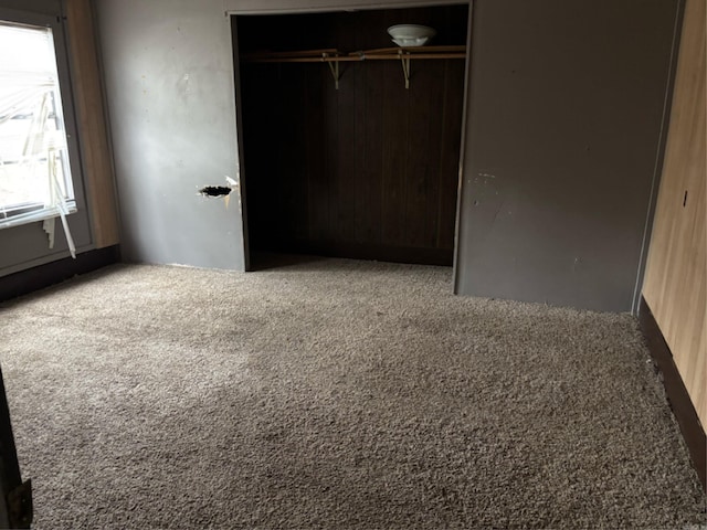 unfurnished bedroom with a closet and carpet floors