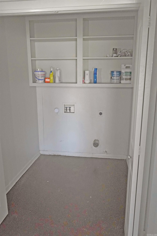 laundry area featuring built in shelves, hookup for a gas dryer, carpet, and hookup for an electric dryer