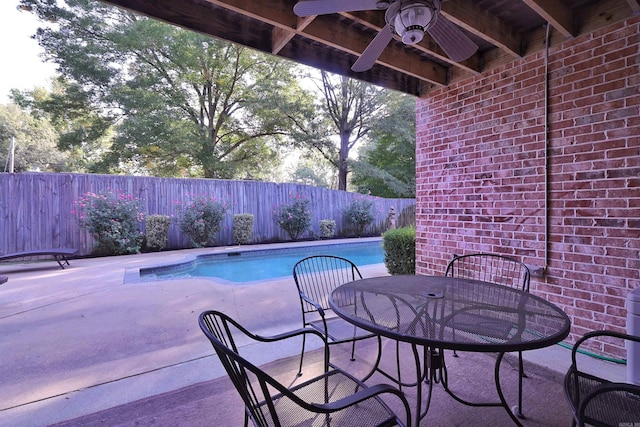 view of swimming pool featuring a patio area and ceiling fan