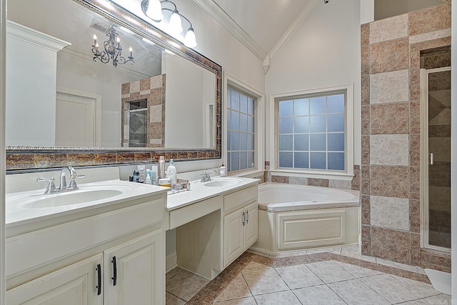 bathroom with vanity, lofted ceiling, plus walk in shower, tile patterned floors, and crown molding