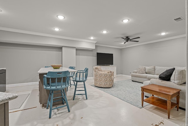 living room featuring ceiling fan and ornamental molding