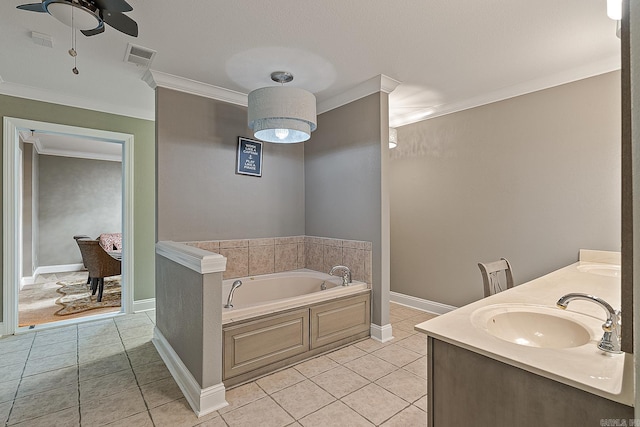 bathroom featuring a bathtub, vanity, crown molding, tile patterned flooring, and ceiling fan