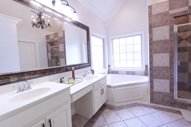 bathroom featuring vanity, crown molding, vaulted ceiling, tile patterned flooring, and independent shower and bath