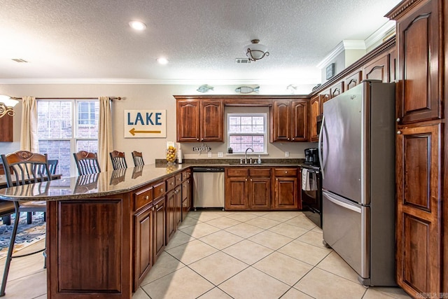 kitchen with kitchen peninsula, a healthy amount of sunlight, stainless steel appliances, and crown molding