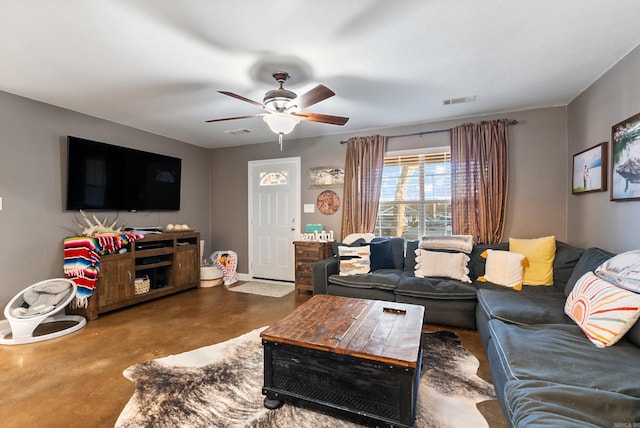 living room featuring ceiling fan