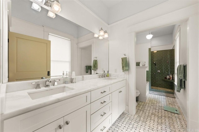 bathroom featuring tiled shower, vanity, and toilet