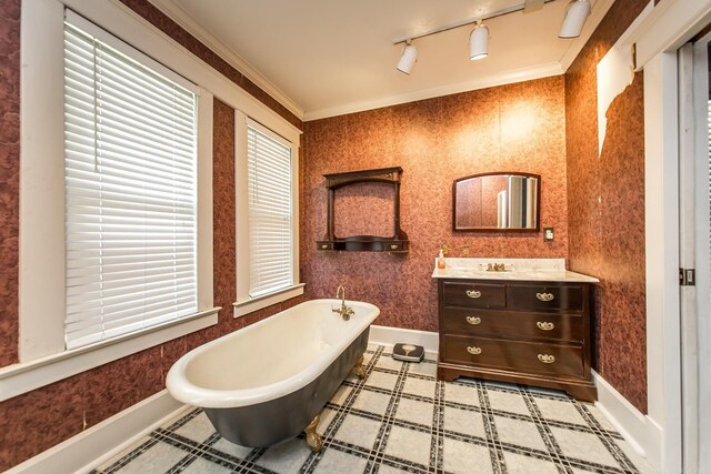 bathroom with a bathing tub, vanity, track lighting, and ornamental molding