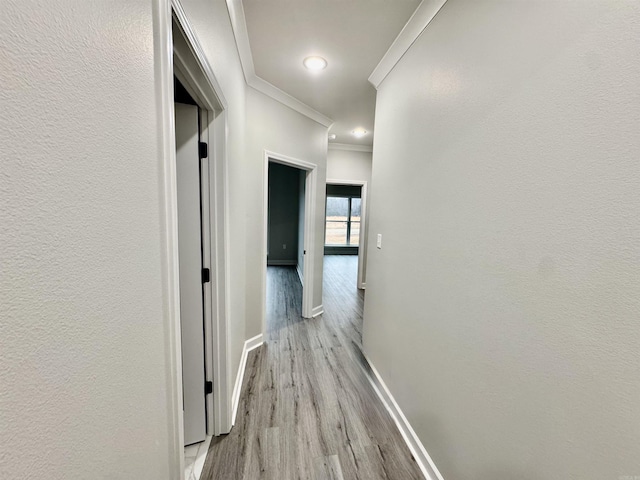 hallway featuring light wood-style floors, baseboards, ornamental molding, and a textured wall